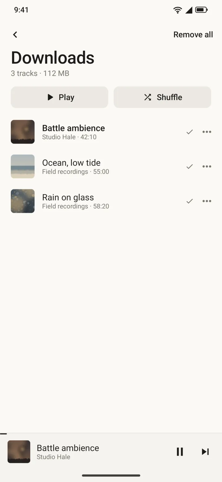 BASE downloads screen with tracks kept offline